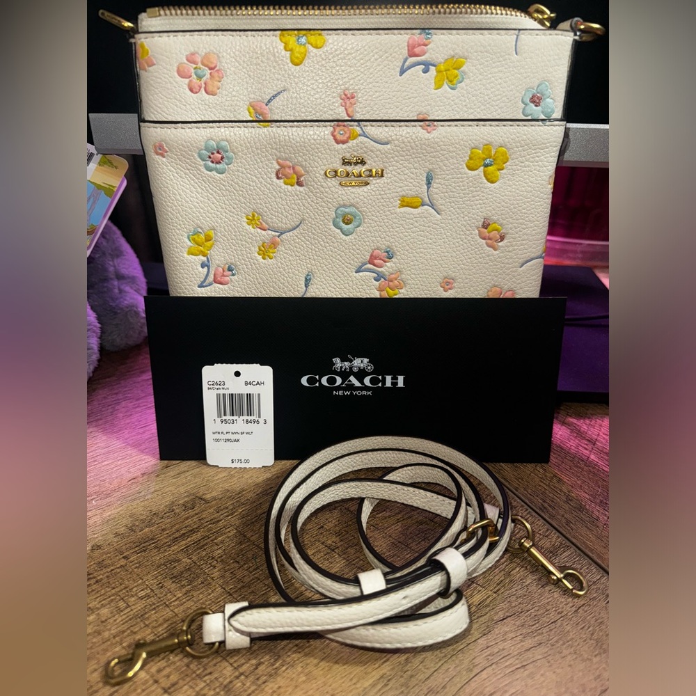 COACH Crossbody With Watercolor Floral Print Chalk Leather C2623 Perfect!